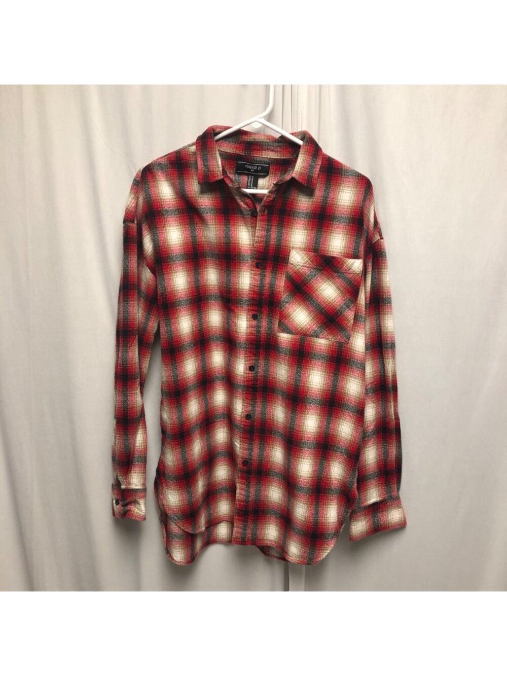 Forever 21 Flannel Shirt Mens Size Medium Red Black White Plaid Button Up Casual